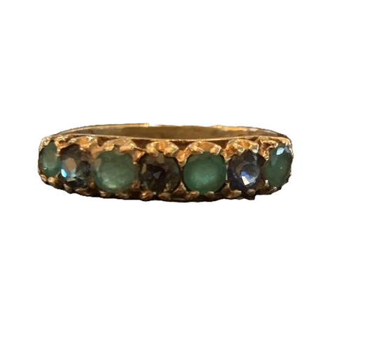 Natural Emerald and Sapphire Victorian style Seven Stone 9ct Gold Ring - Size O