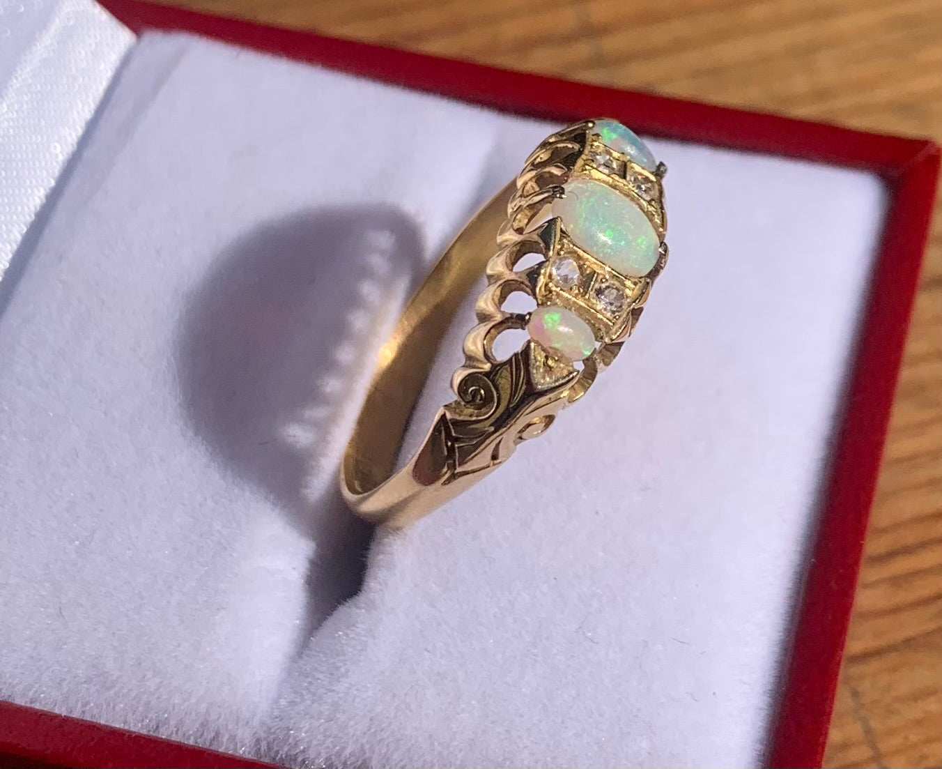 Victorian Opal & Diamond Trilogy 18ct Gold Ring - Size Q