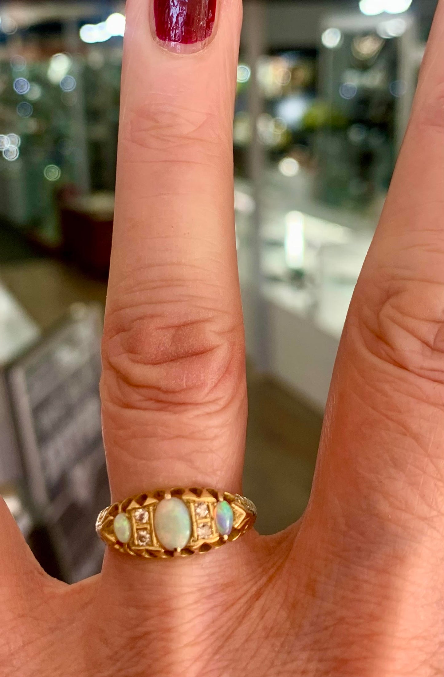 Victorian Opal & Diamond Trilogy 18ct Gold Ring - Size Q