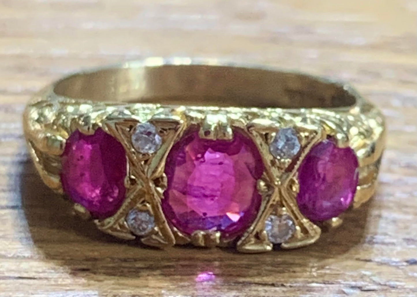 Antique Ruby & Diamond 18ct Gold Trilogy Ring - Size N
