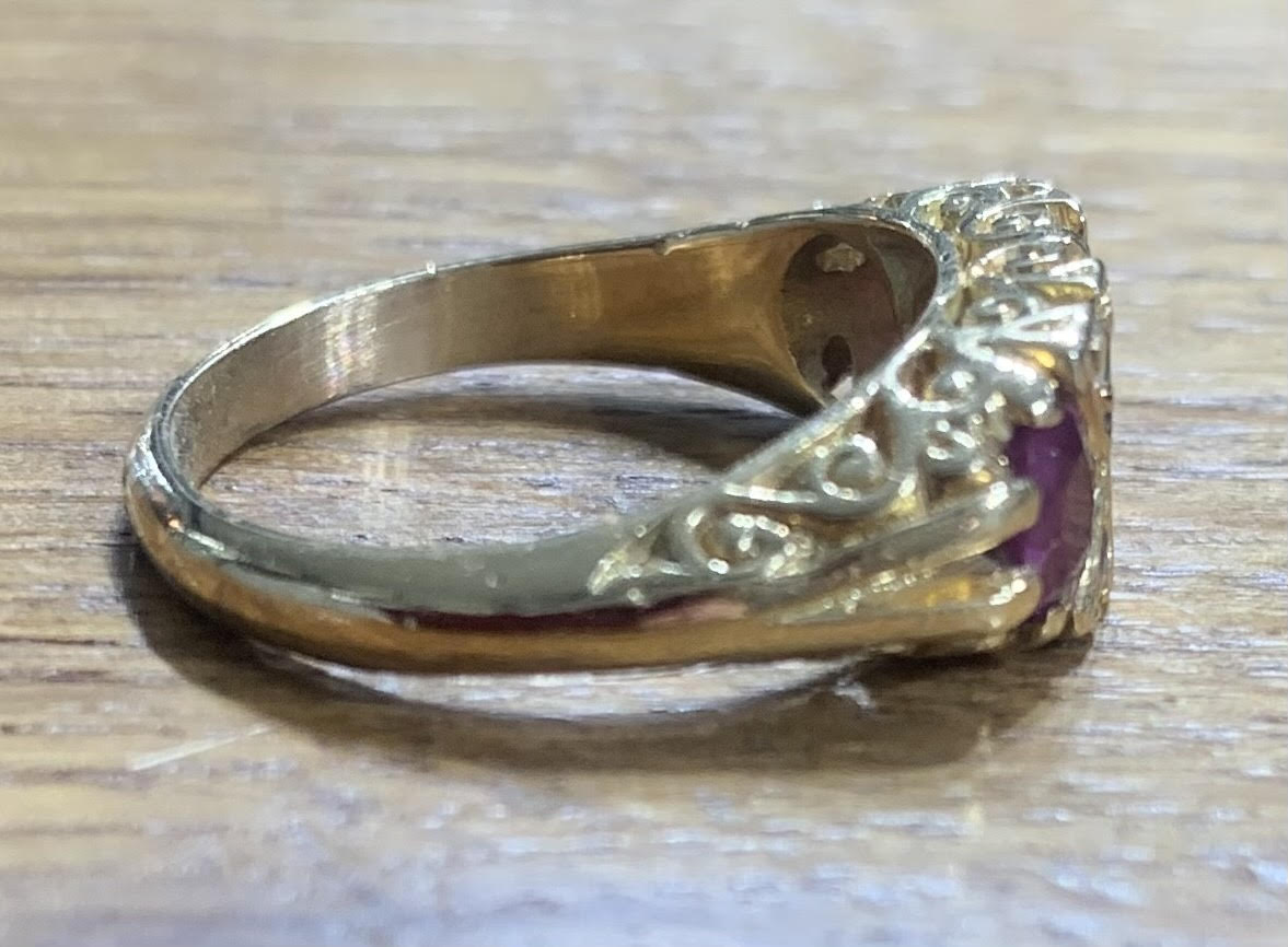 Antique Ruby & Diamond 18ct Gold Trilogy Ring - Size N