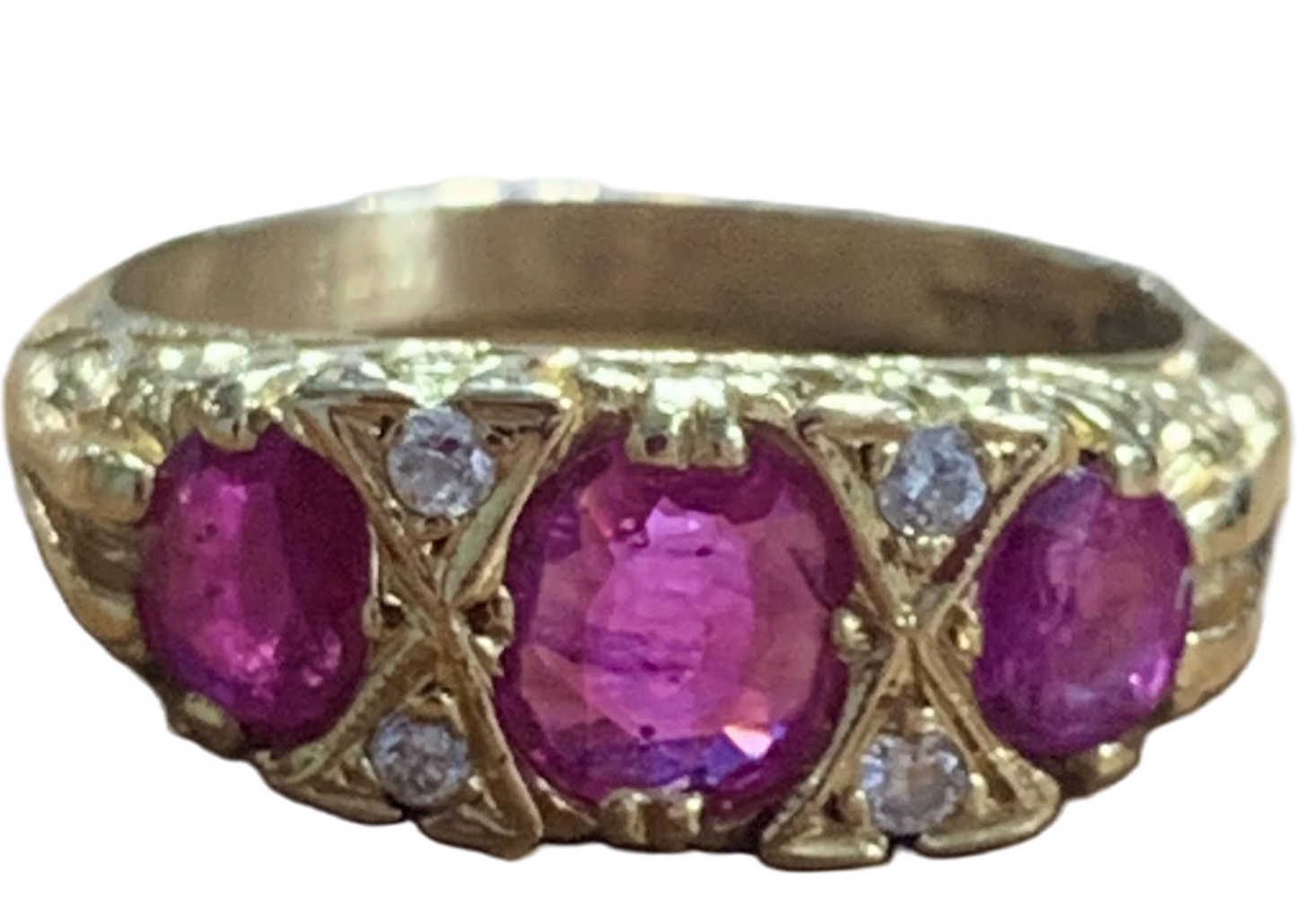 Antique Ruby & Diamond 18ct Gold Trilogy Ring - Size N