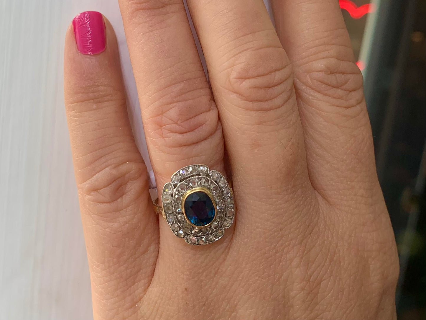 Extremely Fine 18ct Gold Platinum Diamond Sapphire Cluster Art Deco Ring - Size M1/2