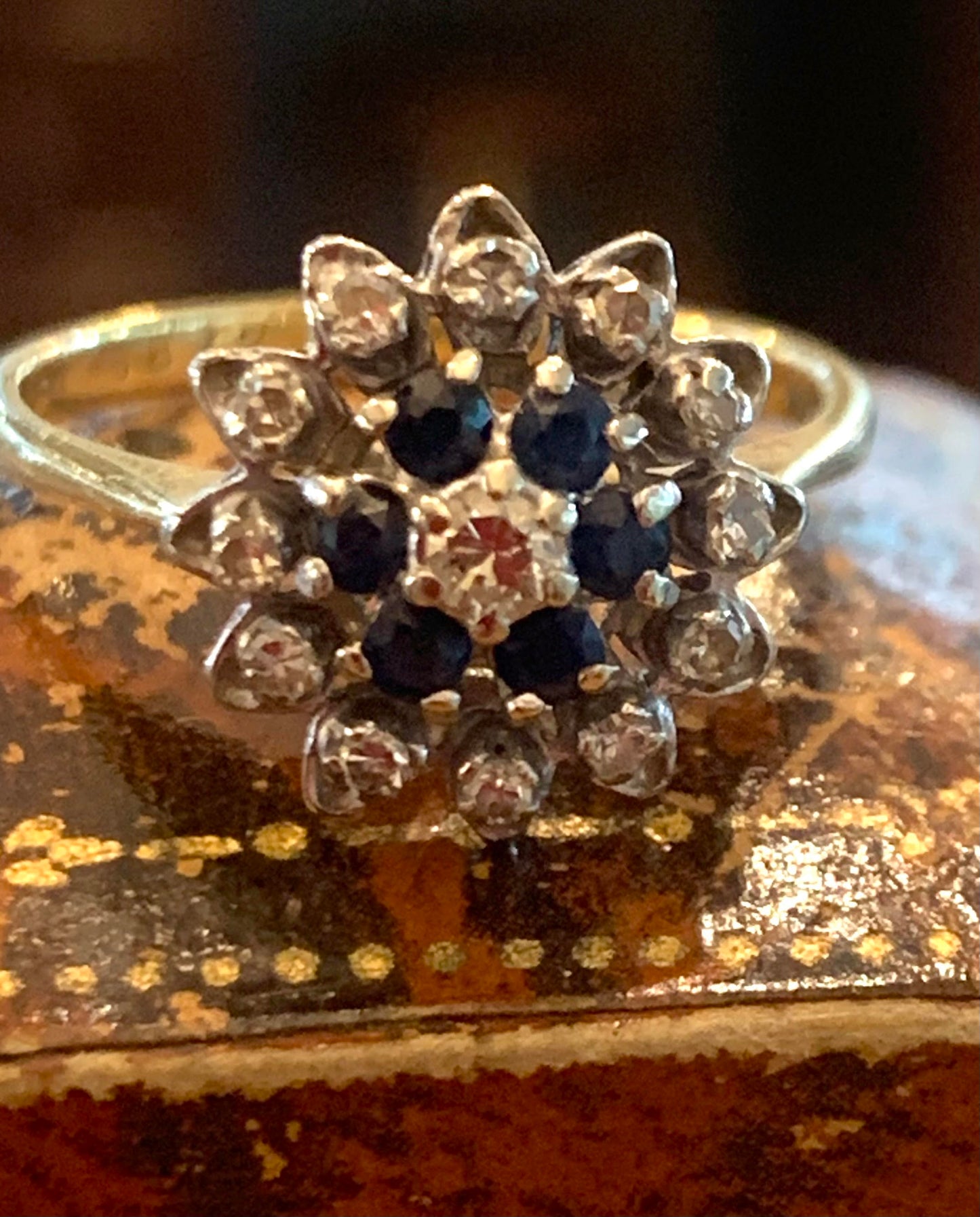 Antique Sapphire & Diamond Halo Platinum Set Target 18ct Gold Ring - Size L