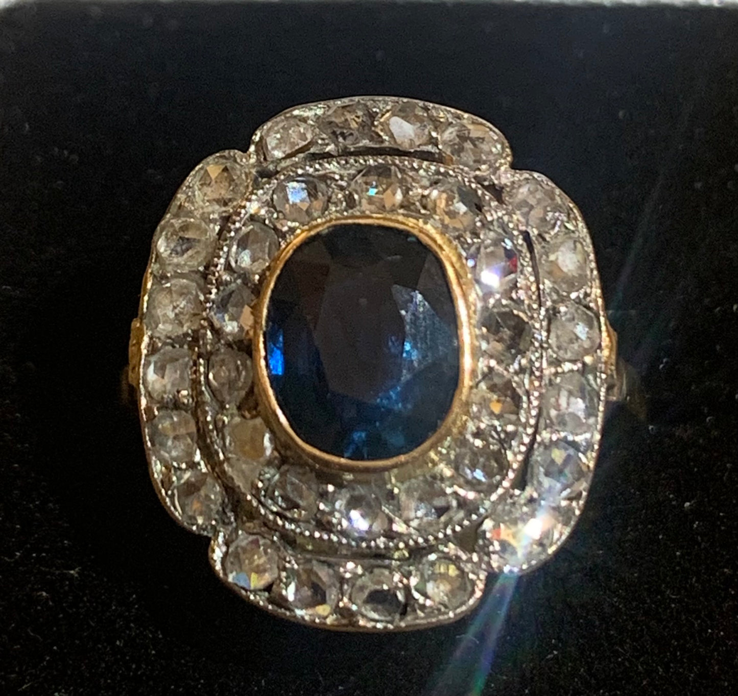 Extremely Fine 18ct Gold Platinum Diamond Sapphire Cluster Art Deco Ring - Size M1/2