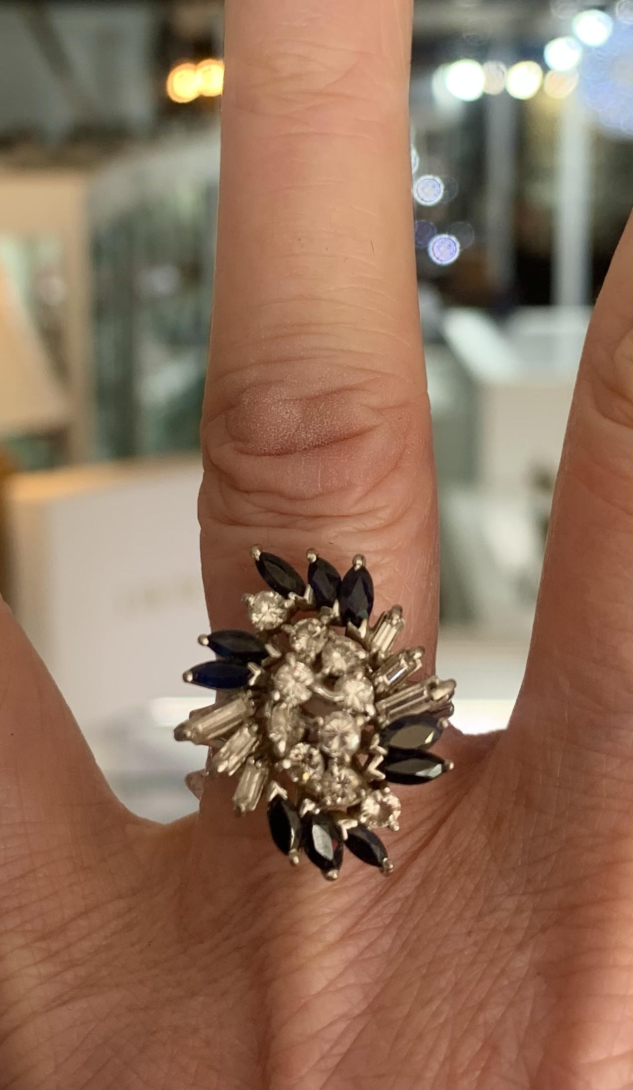 Dazzling Diamond & Sapphire (total approx. 1.6cts) 18ct White Gold Cluster Ring - Size O 1/2