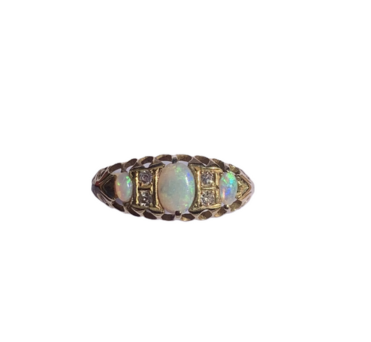Victorian Opal & Diamond Trilogy 18ct Gold Ring - Size Q