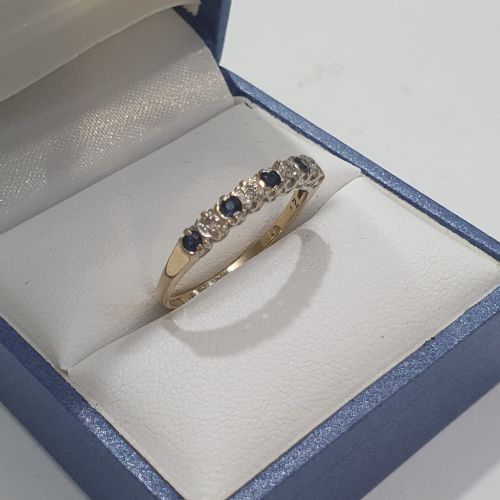 Vintage Brilliant Cut Sapphire & Diamond 9ct Gold Half Eternity Ring- Size O