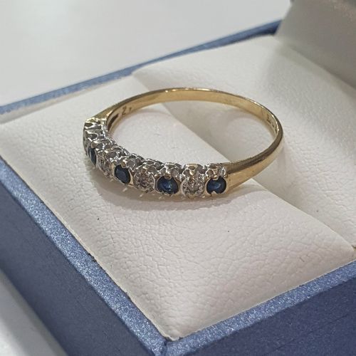 Vintage Brilliant Cut Sapphire & Diamond 9ct Gold Half Eternity Ring- Size O