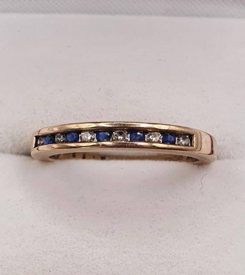 Vintage channel set Sapphire & Diamond 9ct Gold Half Eternity ring  Size M