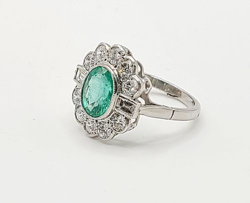 Natural Emerald (1.67ct) & Diamond (1.02ct) Halo Platinum Ring (N1/2)