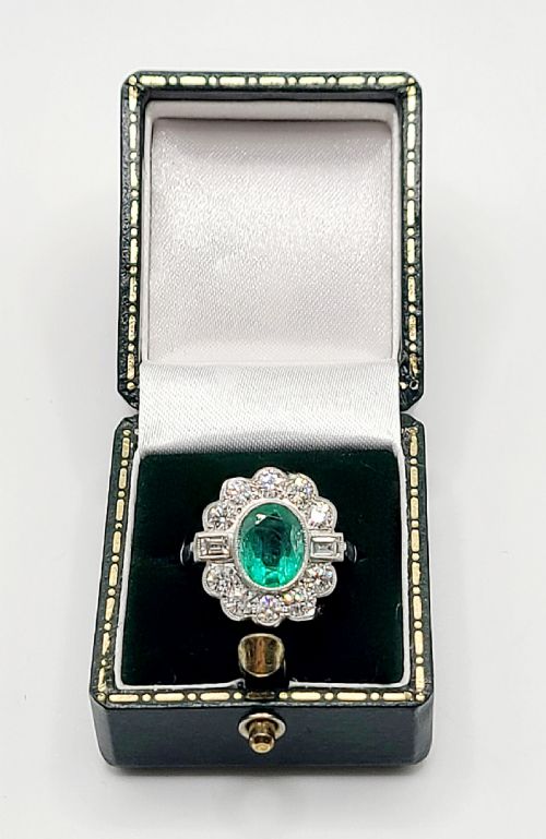 Natural Emerald (1.67ct) & Diamond (1.02ct) Halo Platinum Ring (N1/2)