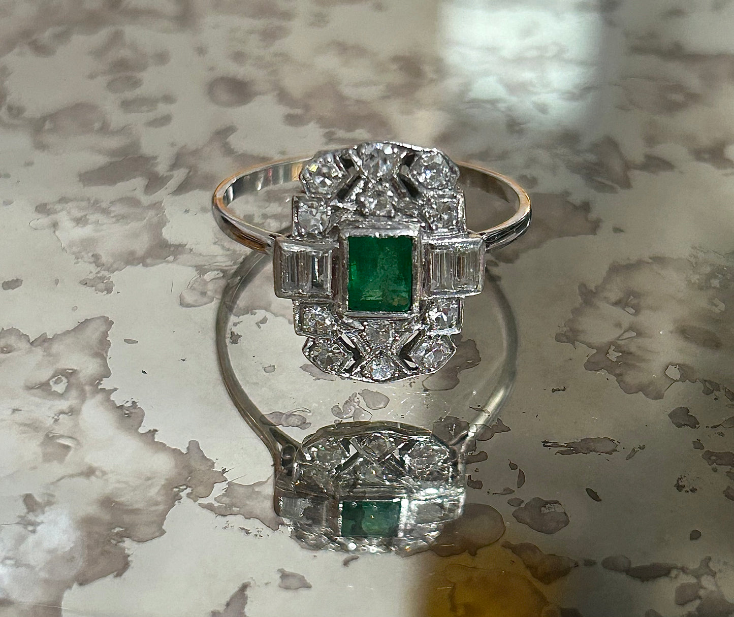 Art Deco Natural Emerald & Diamond Platinum Cluster Ring c1920's (V)