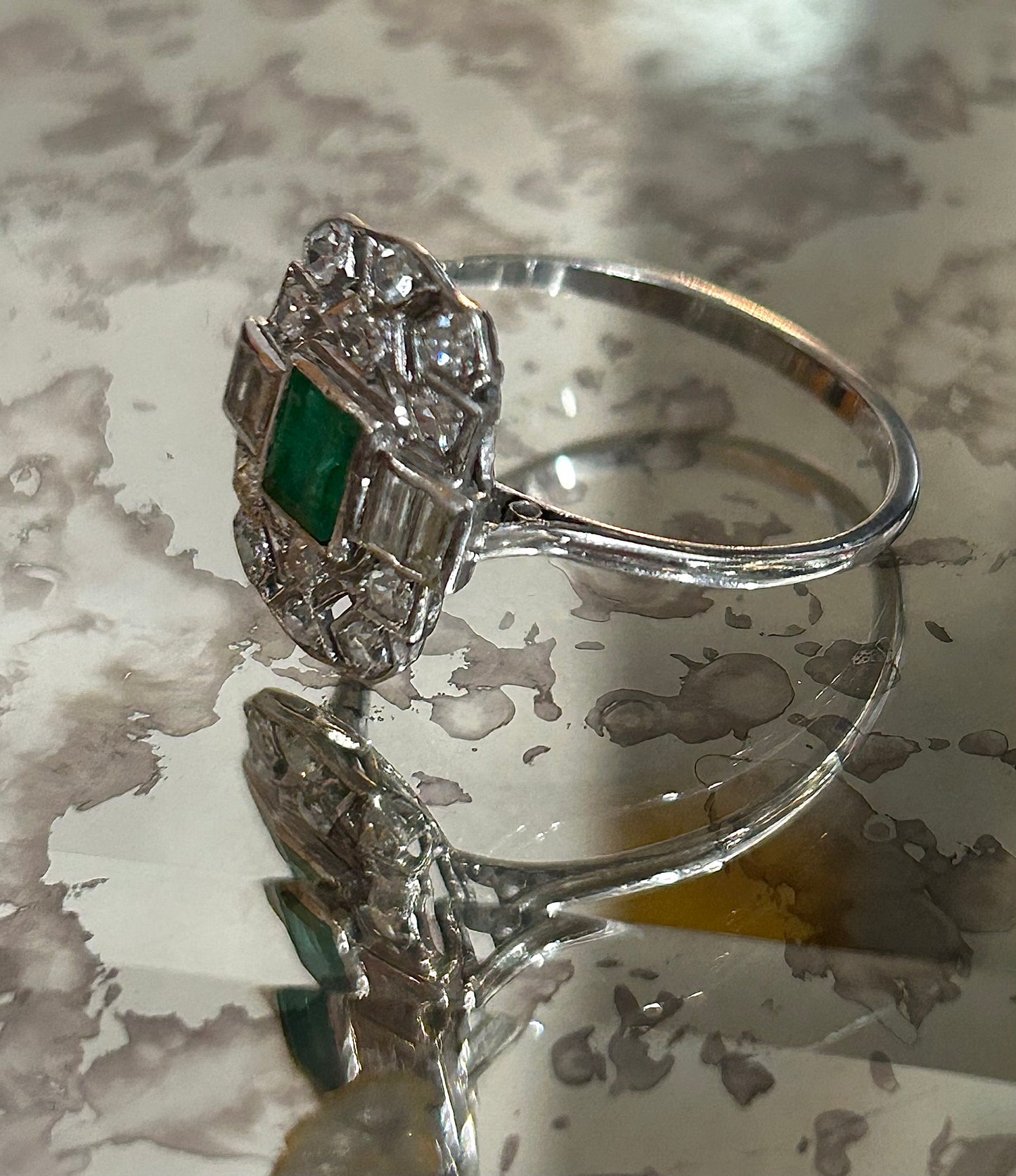 Art Deco Natural Emerald & Diamond Platinum Cluster Ring c1920's (V)