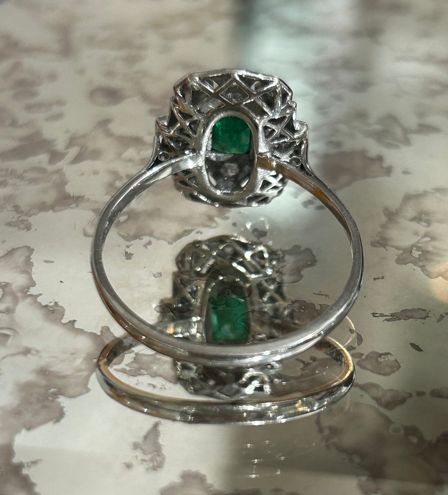 Art Deco Natural Emerald & Diamond Platinum Cluster Ring c1920's (V)