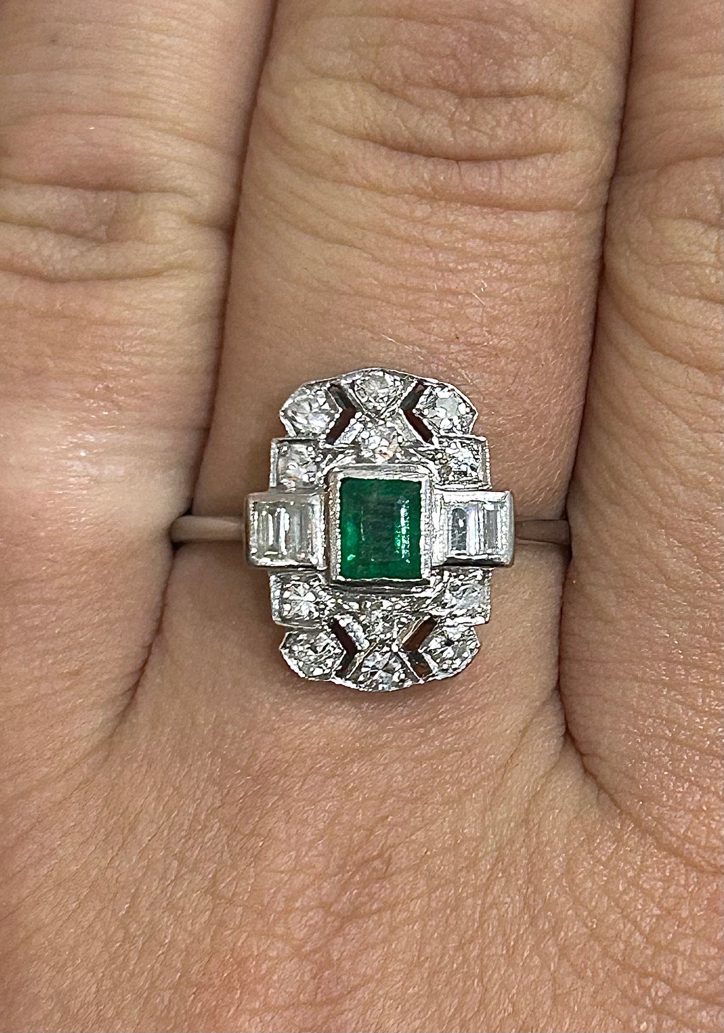 Art Deco Natural Emerald & Diamond Platinum Cluster Ring c1920's (V)