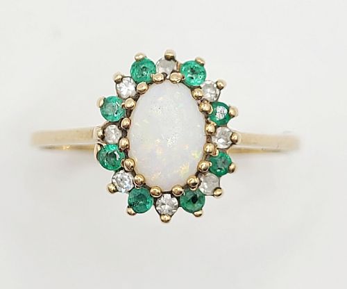Natural Opal, Emerald & Diamond 9ct Gold Ring (R)