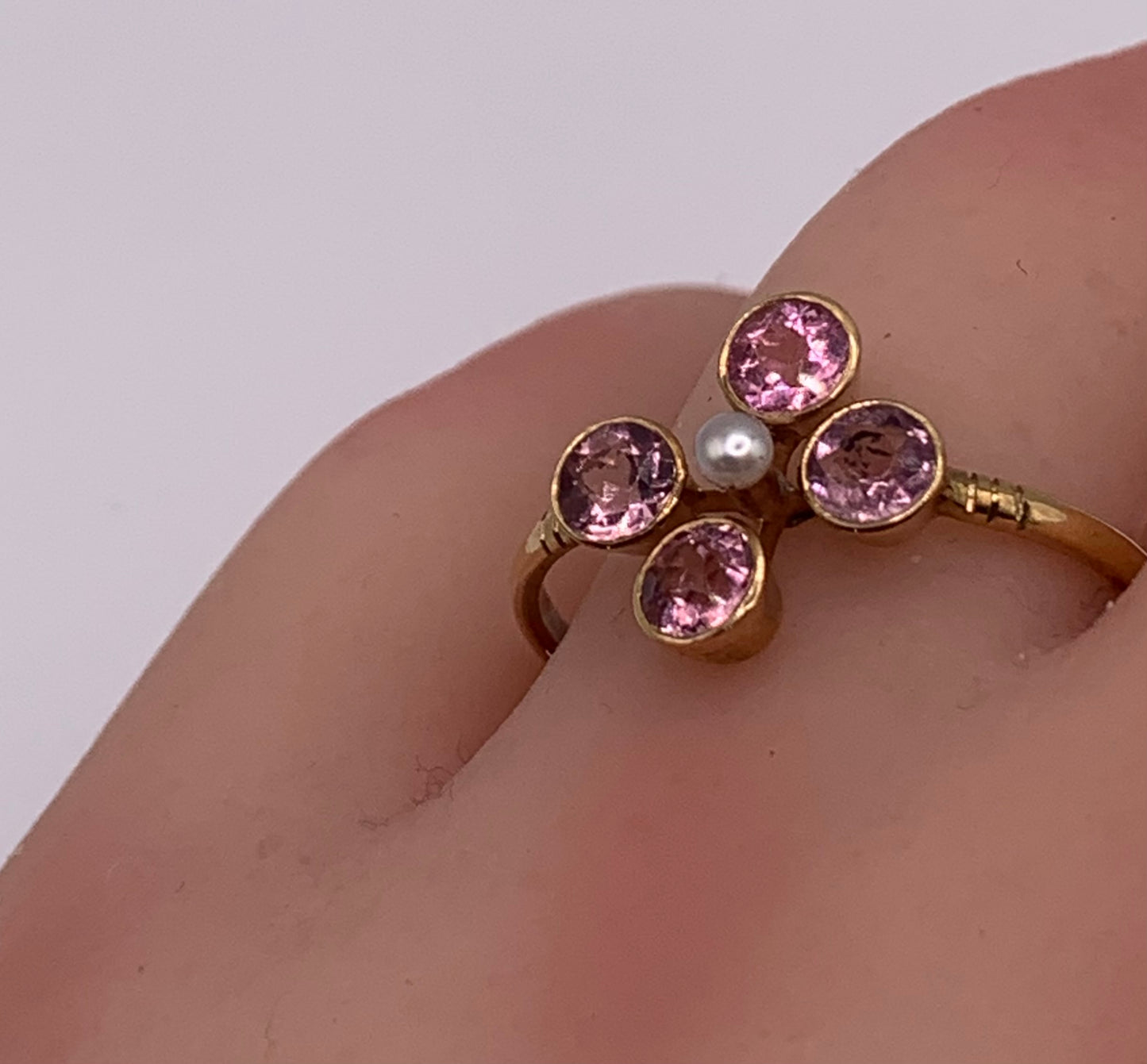 Victorian 15ct Gold Pink Tourmaline and Pearl Cluster Ring - Size S.