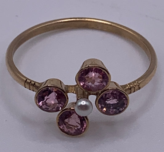 Victorian 15ct Gold Pink Tourmaline and Pearl Cluster Ring - Size S.