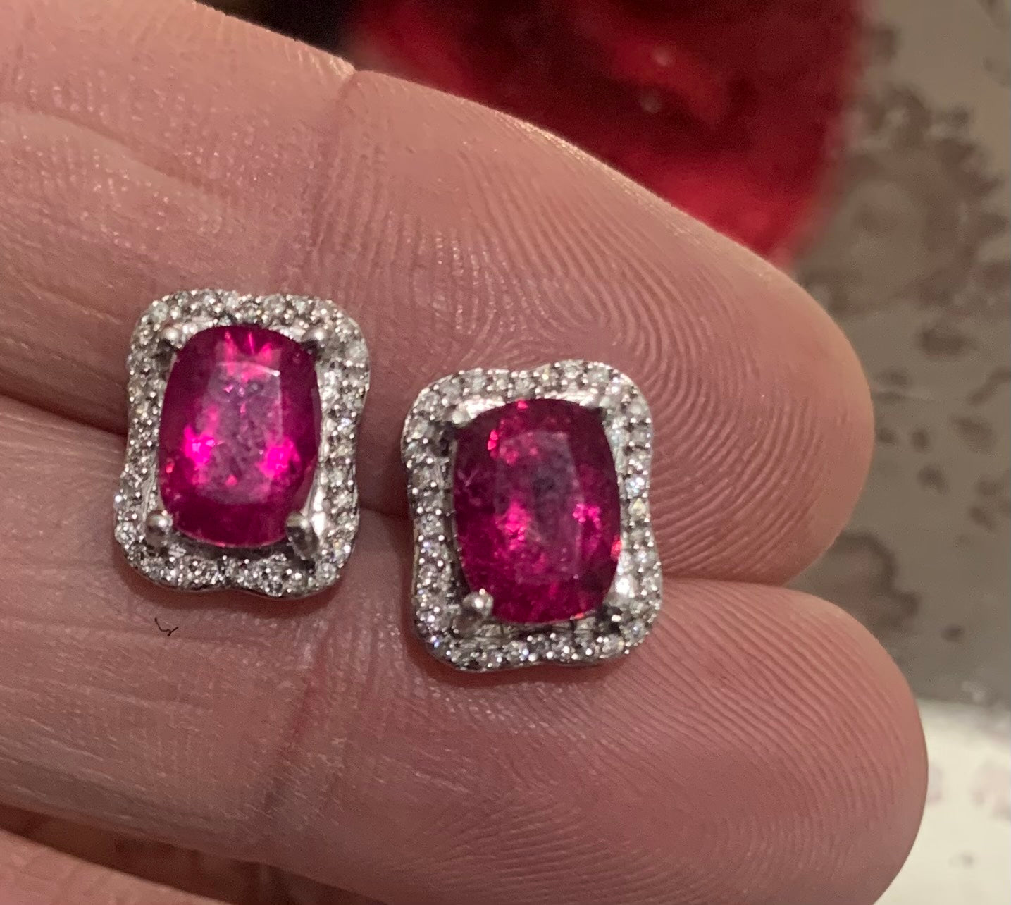 Superb Natural Pink Tourmaline and Diamond 14ct White Gold Cluster Stud Earrings