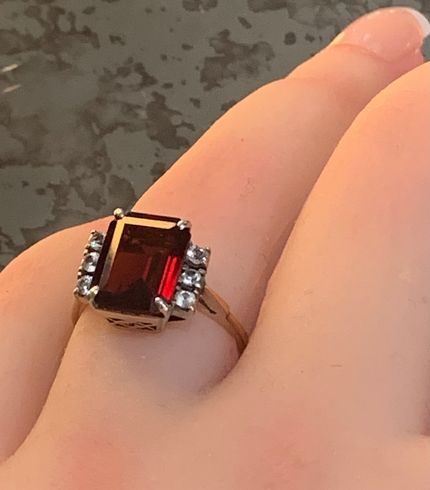 Art Deco Emerald Cut Garnet and White Sapphire 9ct Gold Ring - Size K1/2.