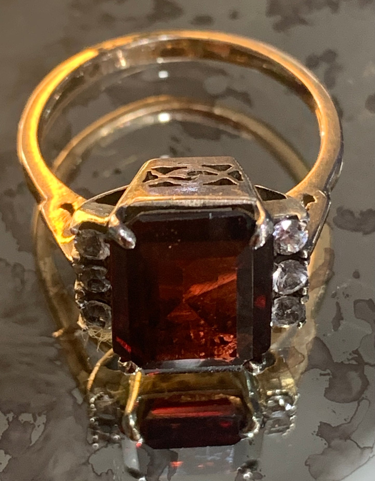 Art Deco Emerald Cut Garnet and White Sapphire 9ct Gold Ring - Size K1/2.