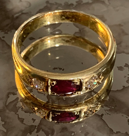 Victorian Ruby and Diamond 18ct Gold Gypsy Ring - Size N.