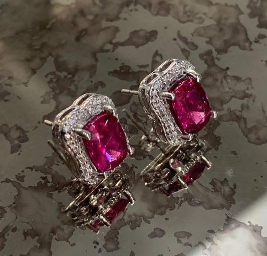 Superb Natural Pink Tourmaline and Diamond 14ct White Gold Cluster Stud Earrings