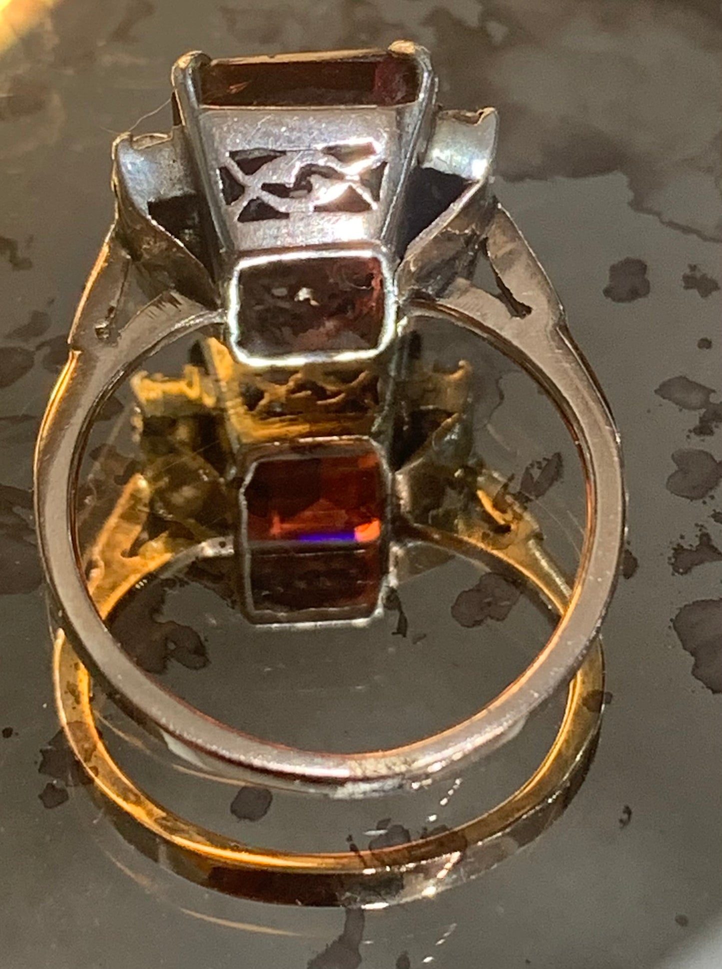 Art Deco Emerald Cut Garnet and White Sapphire 9ct Gold Ring - Size K1/2.