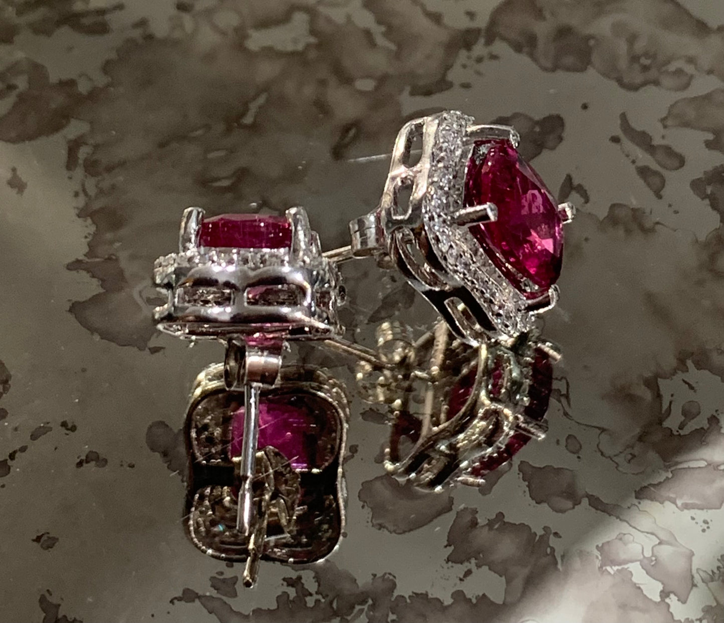 Superb Natural Pink Tourmaline and Diamond 14ct White Gold Cluster Stud Earrings