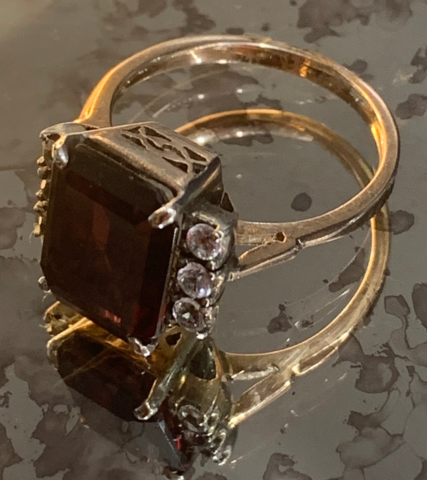 Art Deco Emerald Cut Garnet and White Sapphire 9ct Gold Ring - Size K1/2.