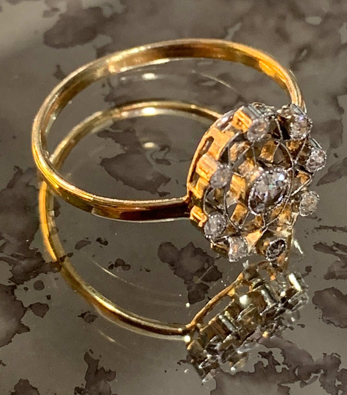 Exquisite Art Deco Diamond Old Cut Platinum and 15ct (Tested) Gold Cluster Ring c1920's - Size Q.