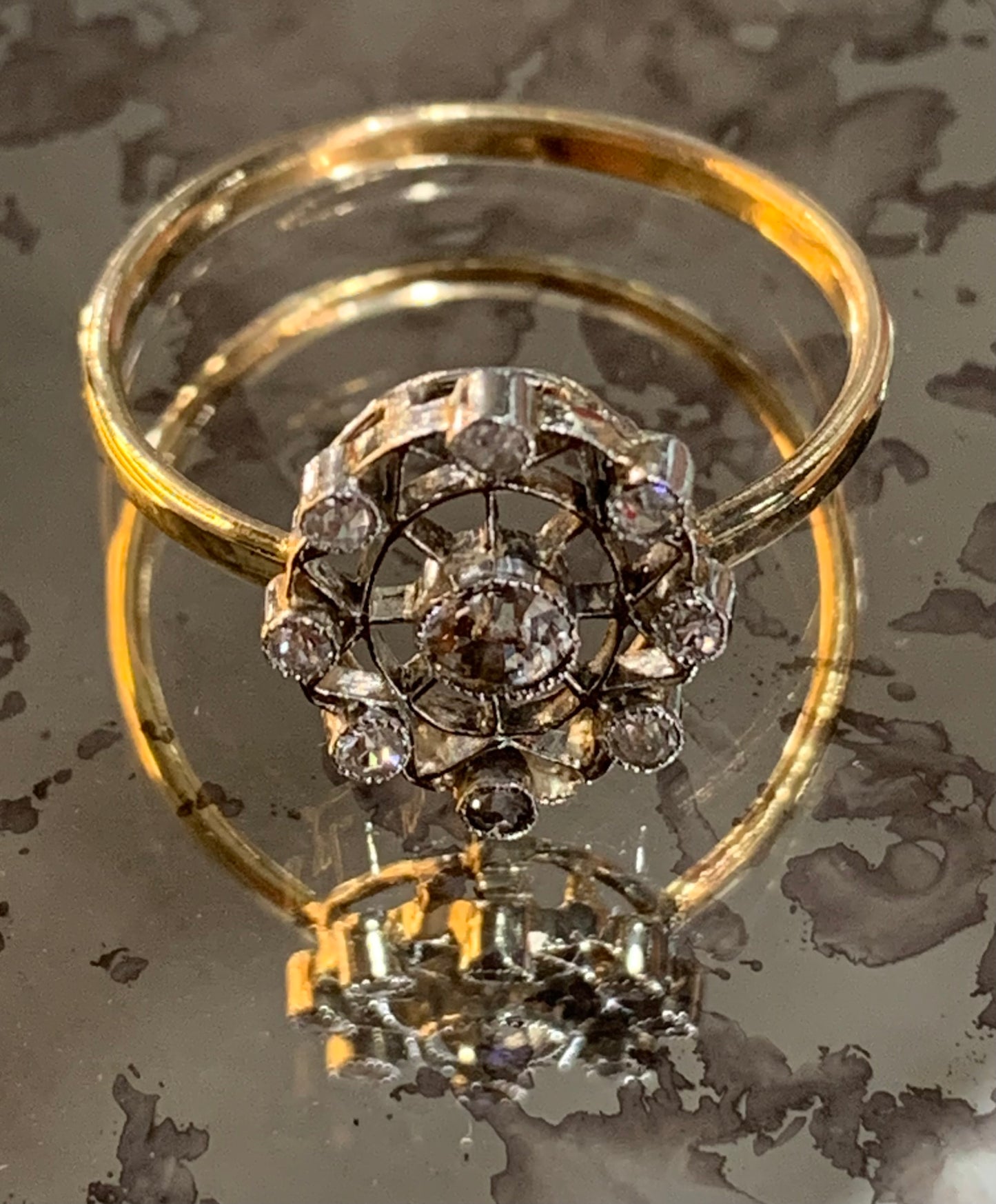 Exquisite Art Deco Diamond Old Cut Platinum and 15ct (Tested) Gold Cluster Ring c1920's - Size Q.