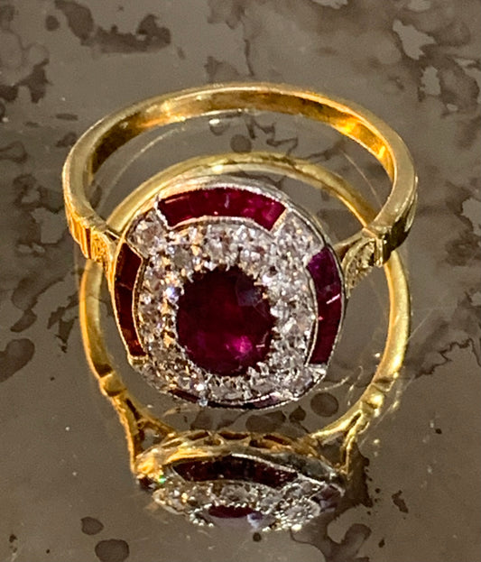 Exquisite French Art Deco Ruby & Diamond 18ct Gold Cluster - Size L