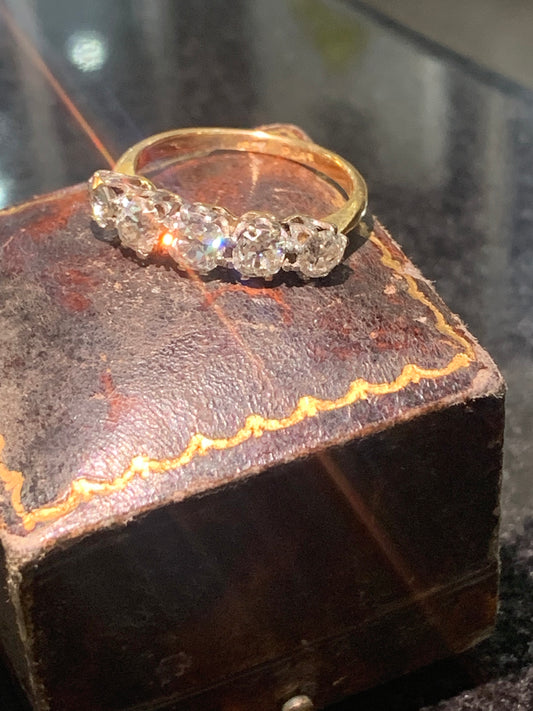 Stunning Victorian Old Mine Cut 5 Stone Diamond (approx 1.6ct) & Platinum 18ct Gold Ring - Size N