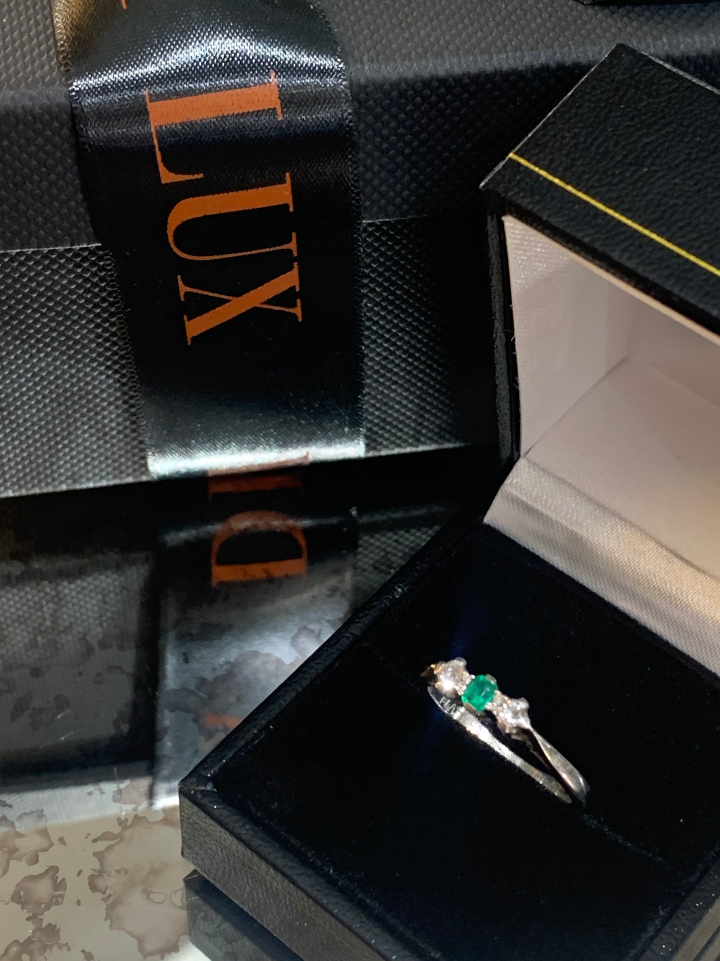 Edwardian Platinum Emerald and Old Cut Diamond Trilogy Ring - Size: M1/2.